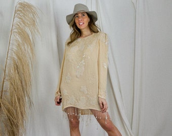 Vintage 80's Buttercream Yellow Beaded Silk Sequin Pearl Fringe Long Sleeve Tunic Party Mini Dress
