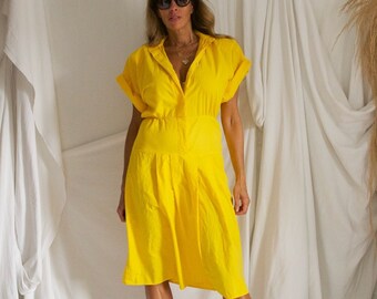 Vintage 80's Canary Yellow Pleated Drop Waist Soft Cotton Button Front Padded Shoulder Dress