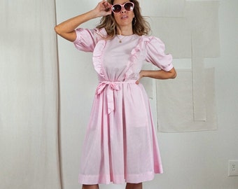 Vintage 80's Bubblegum Pink Stripe Belted Handmade Ruffle Keyhole Puff Sleeve Dress
