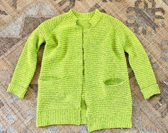 Vintage 80's Neon Vibrant Day-Glo Green Ribbed Notch Neck Textured Cardigan Pocket Sweater