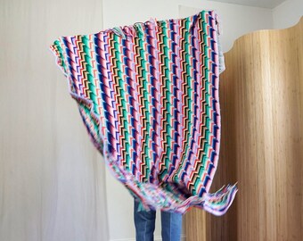 Vintage 70's Handknit Colorful Wavelength Afghan Fringe Throw Rainbow Knit Crochet Ombre Blanket