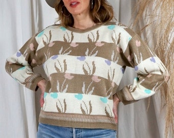 Vintage 80's Floral Tulip Pastel Pullover Flower Neutral Stripe Novelty Knit Sweater