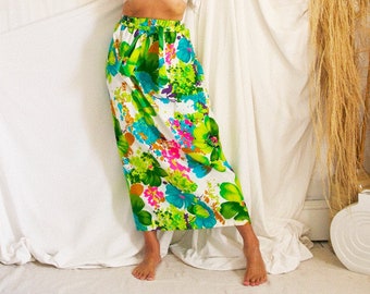 Vintage 60's Floral Print Vibrant Long Hawaiian Belted Maxi Skirt Boho Flowers Strapless Dress