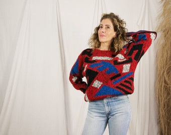 Vintage 80's Red Abstract Geometric Shapes Marled Knit Wool Slouchy Dolman Tunic Wool Blend Pullover Sweater