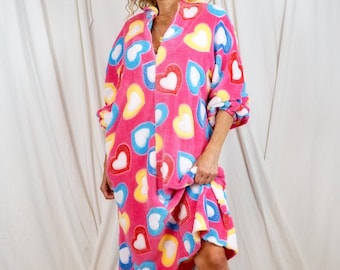 Vintage 80er Jahre Pastell Herz Gemütliches Fleece Half Zip Regenbogen Herzen Loungewear Handmade Haus Kleid