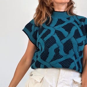 80&#39;s Bold Green Mock Neck Short Sleeve Abstract Sweater Slouchy Black Versatile Statement Knit Vest