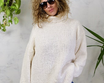 Vintage 90's Chunky Oversized Ivory Slouchy Turtleneck Long Tunic Knit Sweater