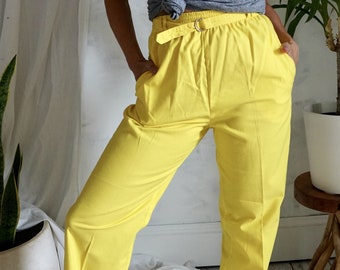 Vintage 80's Canary Yellow High Waisted Sportswear Belted Cotton Straight Leg Pants