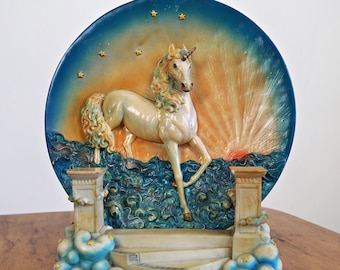 Vintage 80er Jahre Einhorn Platte 3D Sunset Sterne Himmel Resin Skulptur Wolke Ständer Display inklusive