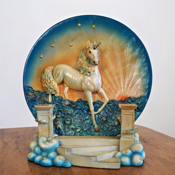 Vintage 80's White Unicorn Medieval Glowing Sunset Star Sky Painted Resin Plate With Cloud Stair 3D Sculptural Art Stand