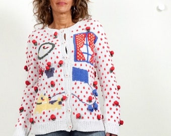 Vintage 80's Patricia Roberts Strawberry Appliqué Spring Kite Theme Window Cardigan Handknit Intricate Detailed Fun Fruit Novelty Sweater