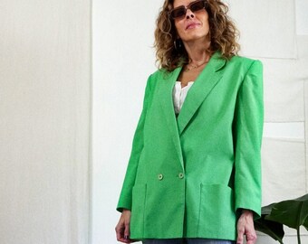 Vintage 80's Shamrock Green Textured Linen Boxy Straight Cut Padded Shoulder Single Button Closure Blazer Jacket