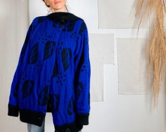 Vintage 80's Purple Mohair Wool Attached Scarf Cocoon Abstract Leaf Pattern Ribbed Knit Black Sweater Coat