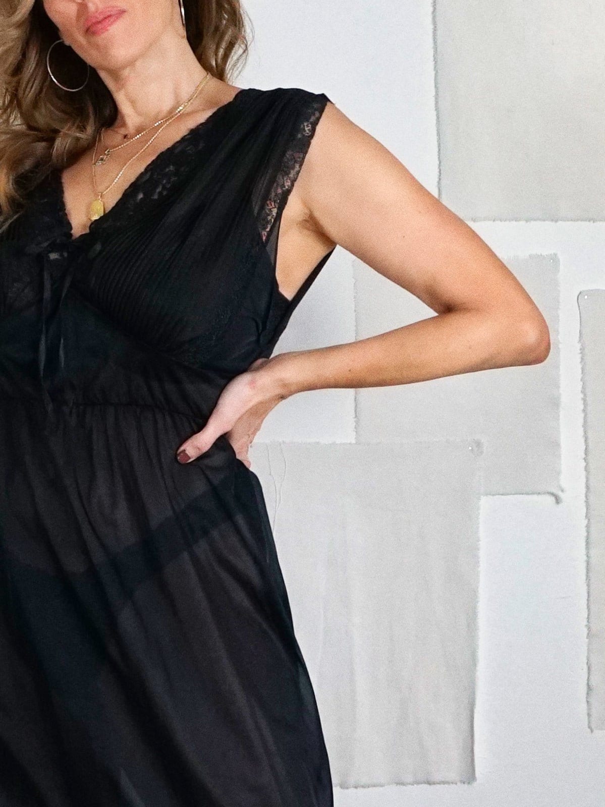 Vintage 60's Sheer Black Negligee Nylon Accordion Pleated