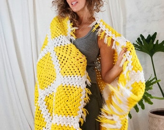 Vintage 70's Fringe Golden Hour Yellow Handknit Throw White Crochet Handmade Cozy Square Pattern Afghan Blanket