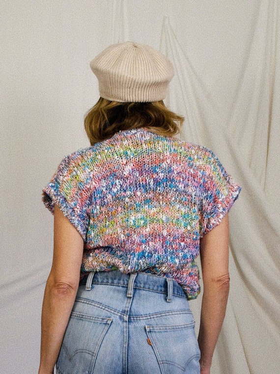 Vintage 80's Pastel Rainbow Marled Ombre Knit V-N… - image 4