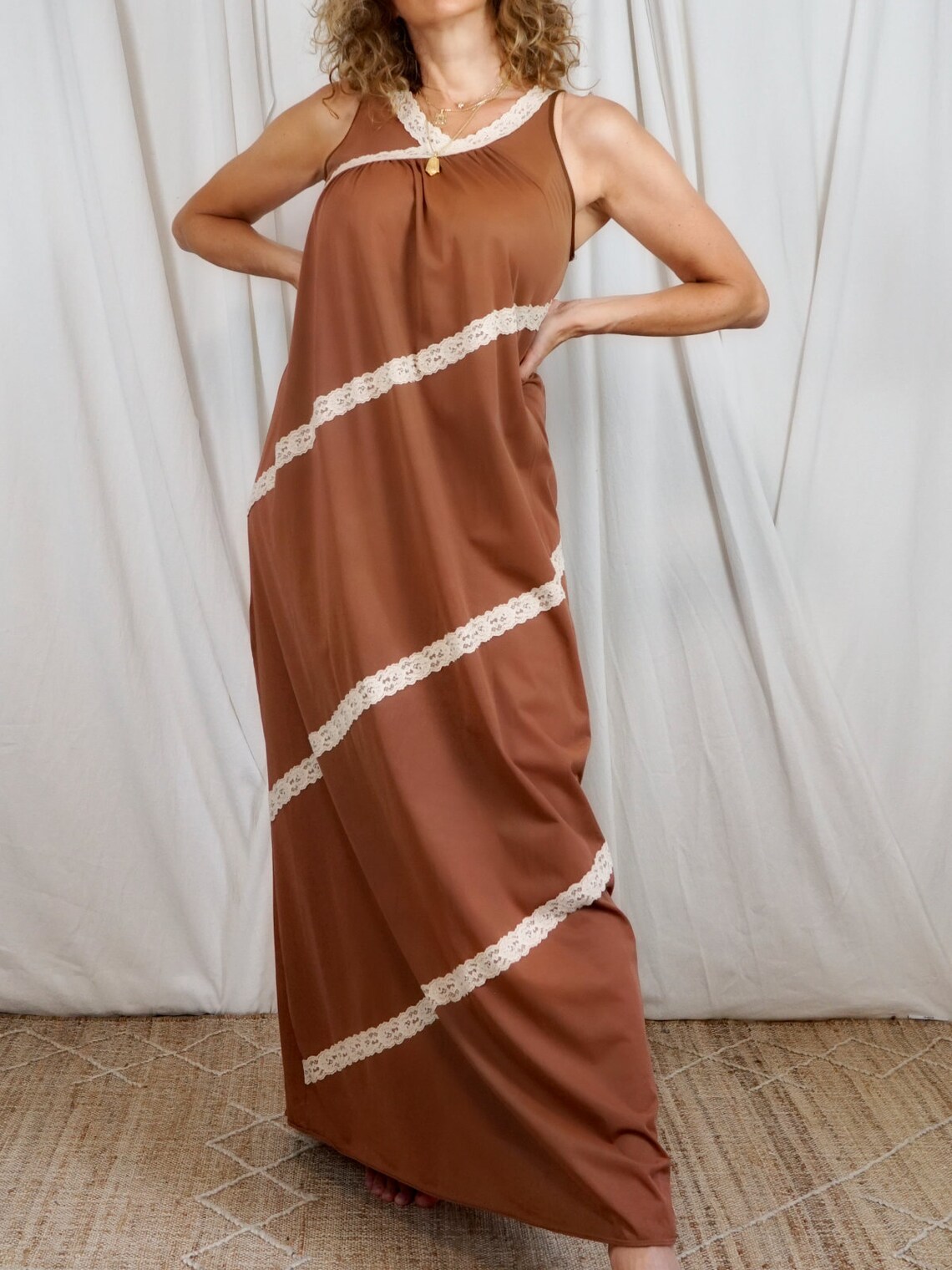 Vintage 60's Incense Brown Silky Nylon Lace Long Sleeveless Maxi Dress