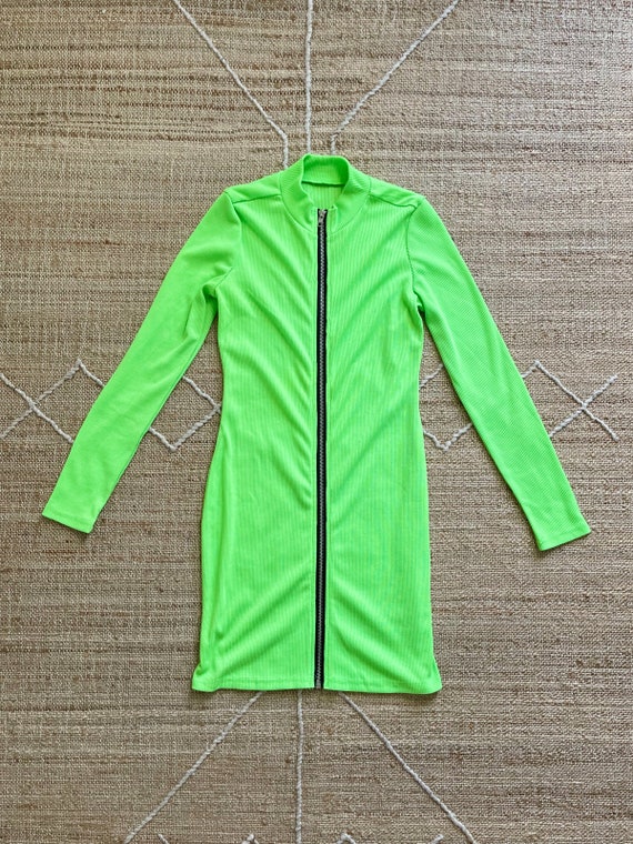 Vintage 80's Neon Green Full Front Zip Ribbed Bod… - image 5