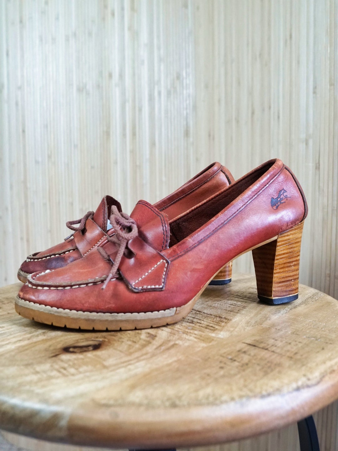 Vintage 70 s Old Maine Trotters Whiskey Brown Leather Lace up Loafers Preppy Heels Classic Shoes 9.5 Etsy
