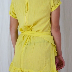 Vintage 70's Canary Yellow Flirty Wrap Ruffle Cotton Gauze Mini Tie Waist Bow Detail Dress image 5