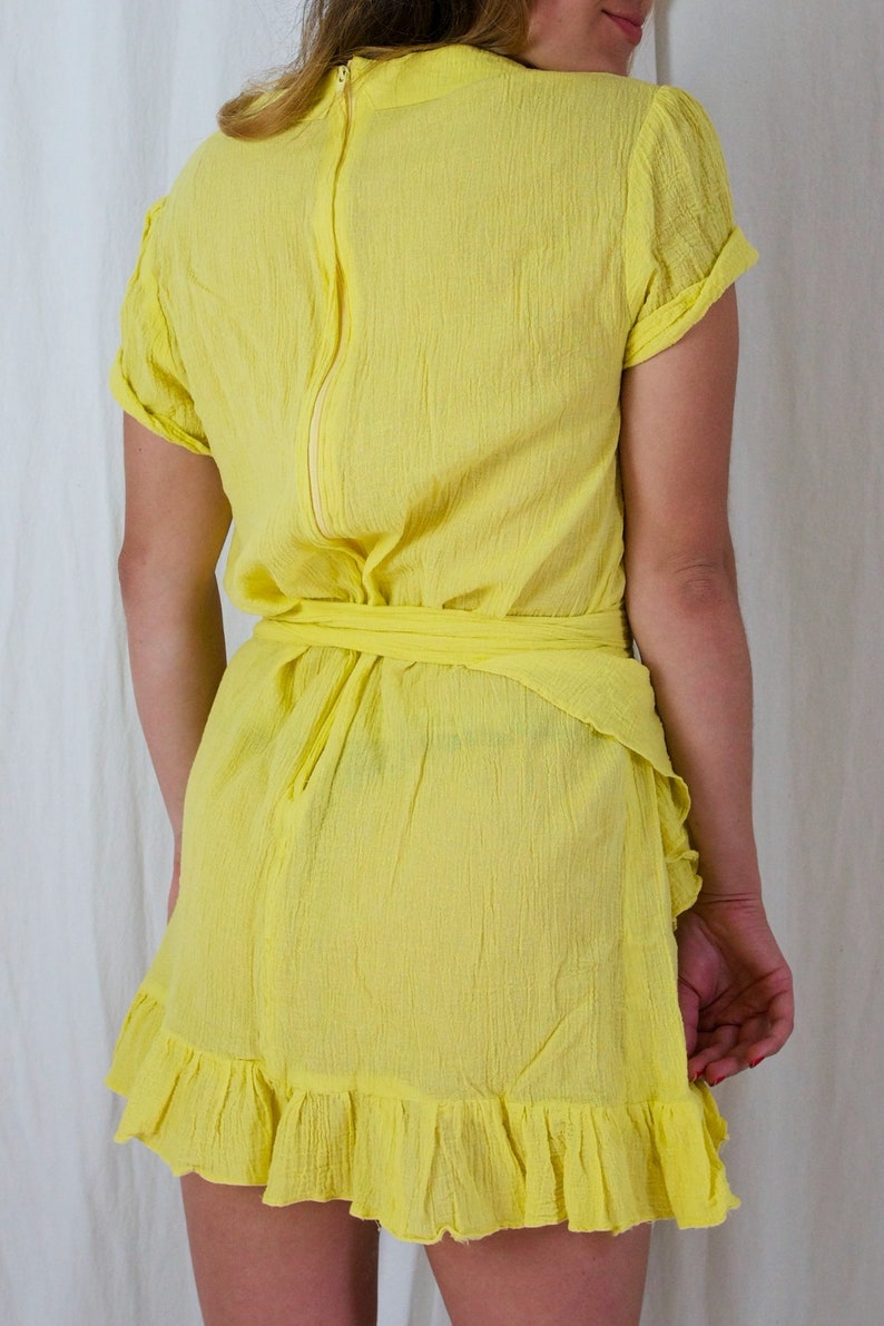 Vintage 70's Canary Yellow Flirty Wrap Ruffle Cotton Gauze Mini Tie Waist Bow Detail Dress image 5
