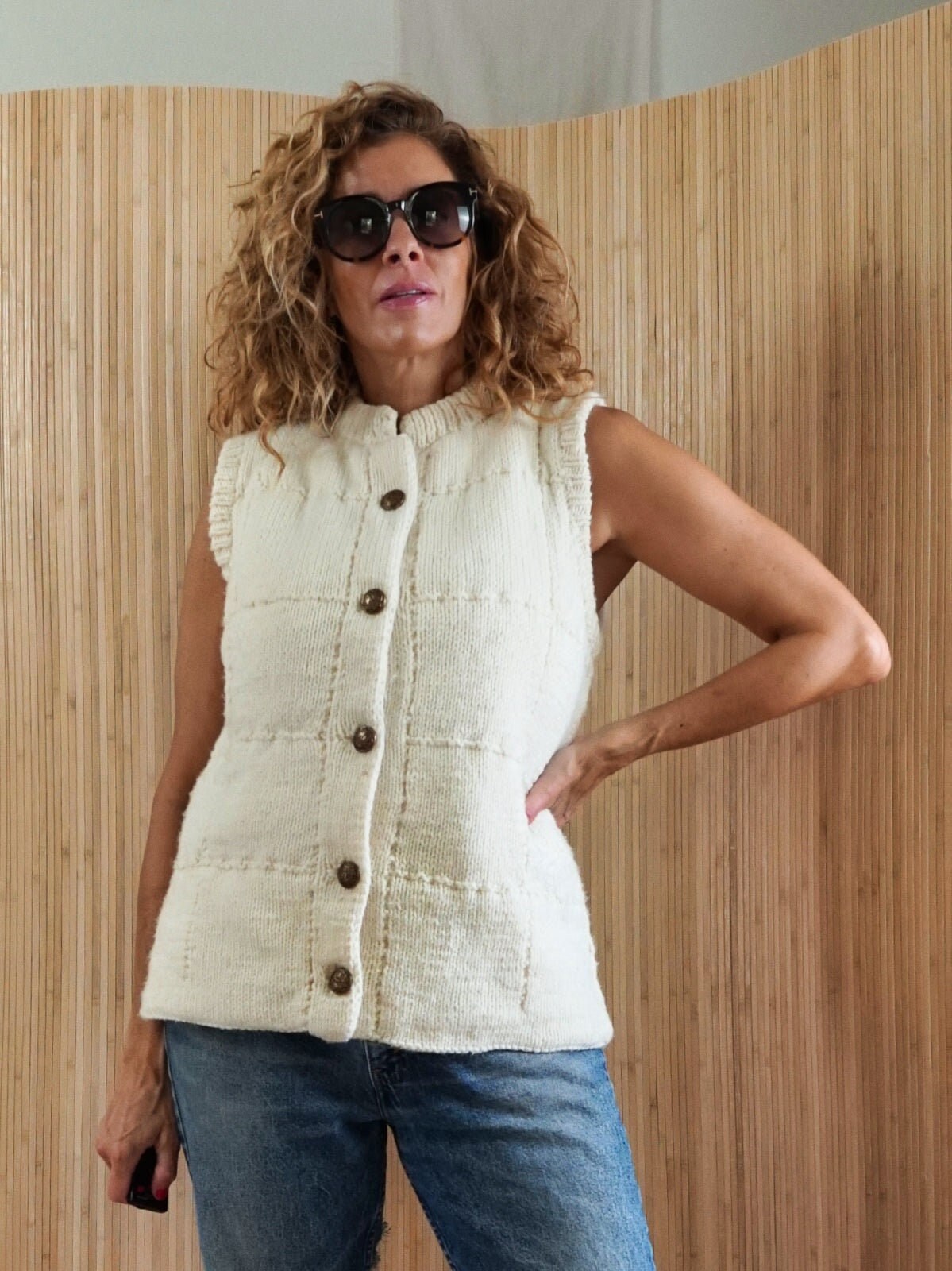 HAU ハウ knit vest \"cotton vintage\" Handmade Wool Sweater Vest, Hand Knit Chunky Sleeveless