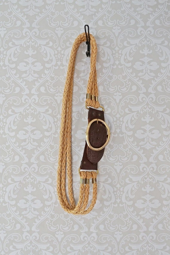 Vintage 70's Leather Natural Jute Braided Rope Go… - image 3