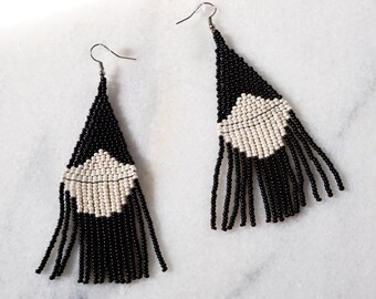 Handmade Beaded Black Fringe White Contrast Long Dangle Artisan Made Fair Trade Earrings