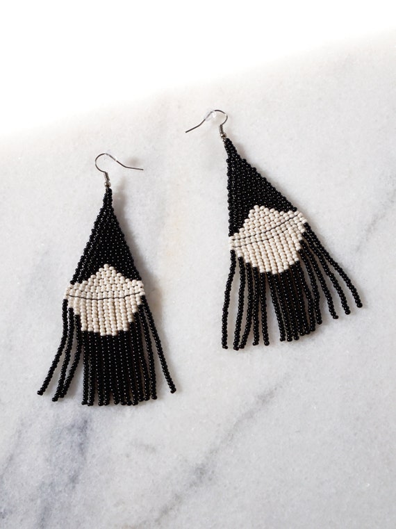 Handmade Beaded Black Fringe White Contrast Long D