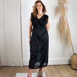 Vintage 60&#39;s Sheer Black Negligee Nylon Accordion Pleated Lace Long Ribbon Slip Dress Nightgown