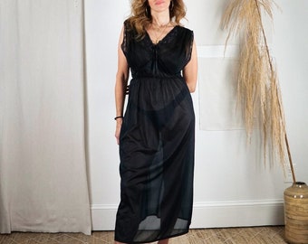 Vintage 60's Sheer Black Negligee Nylon Accordion Pleated Lace Long Ribbon Slip Dress Nightgown