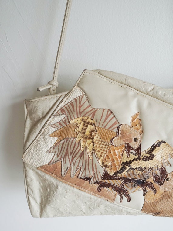 Vintage 80's Patchwork Bird Motif Ivory Leather N… - image 3