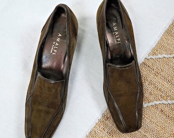 Classic Slip On Amalfi by Rangoni Olive Green Suede Square Toe Wedge Brown Leather Contrast Made In Italy Italian Shoes | 10 Narrow