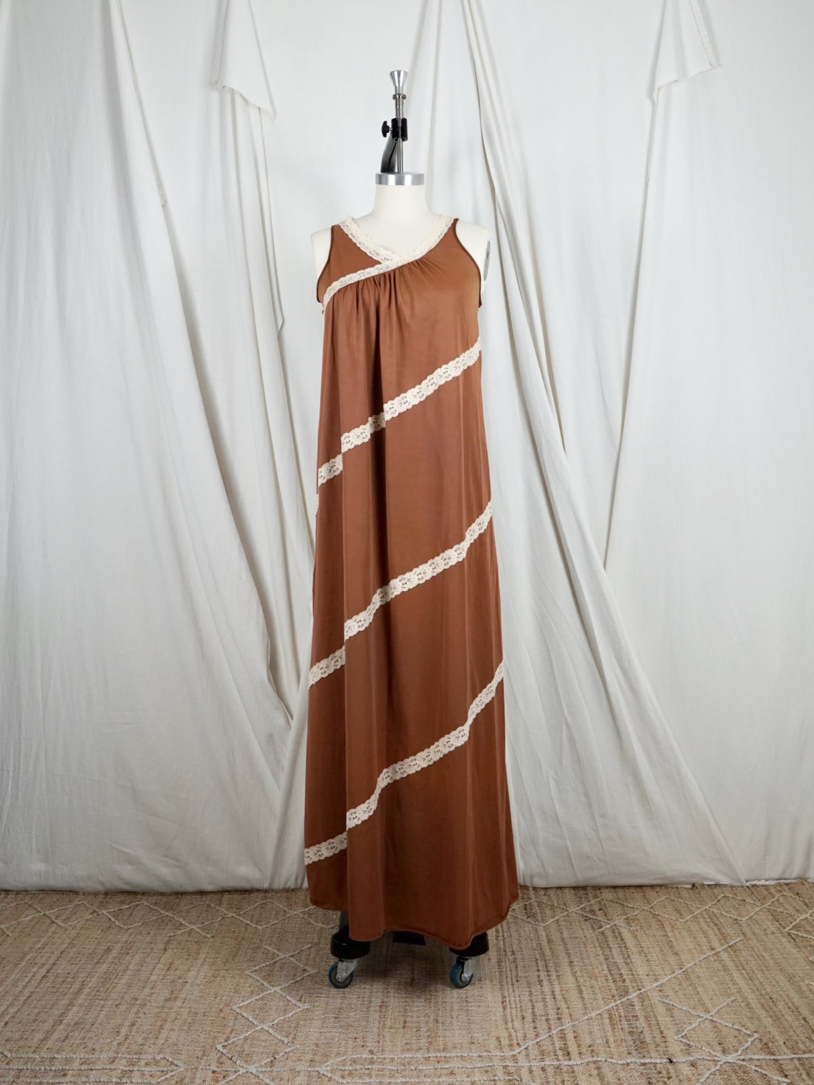 Vintage 60's Incense Brown Silky Nylon Lace Long Sleeveless Maxi Dress