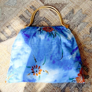 Vintage 80's Sky Blue Cloud Bamboo Handle Sequin Tote Beaded Slouchy Handmade Fabric Floral Bag image 4