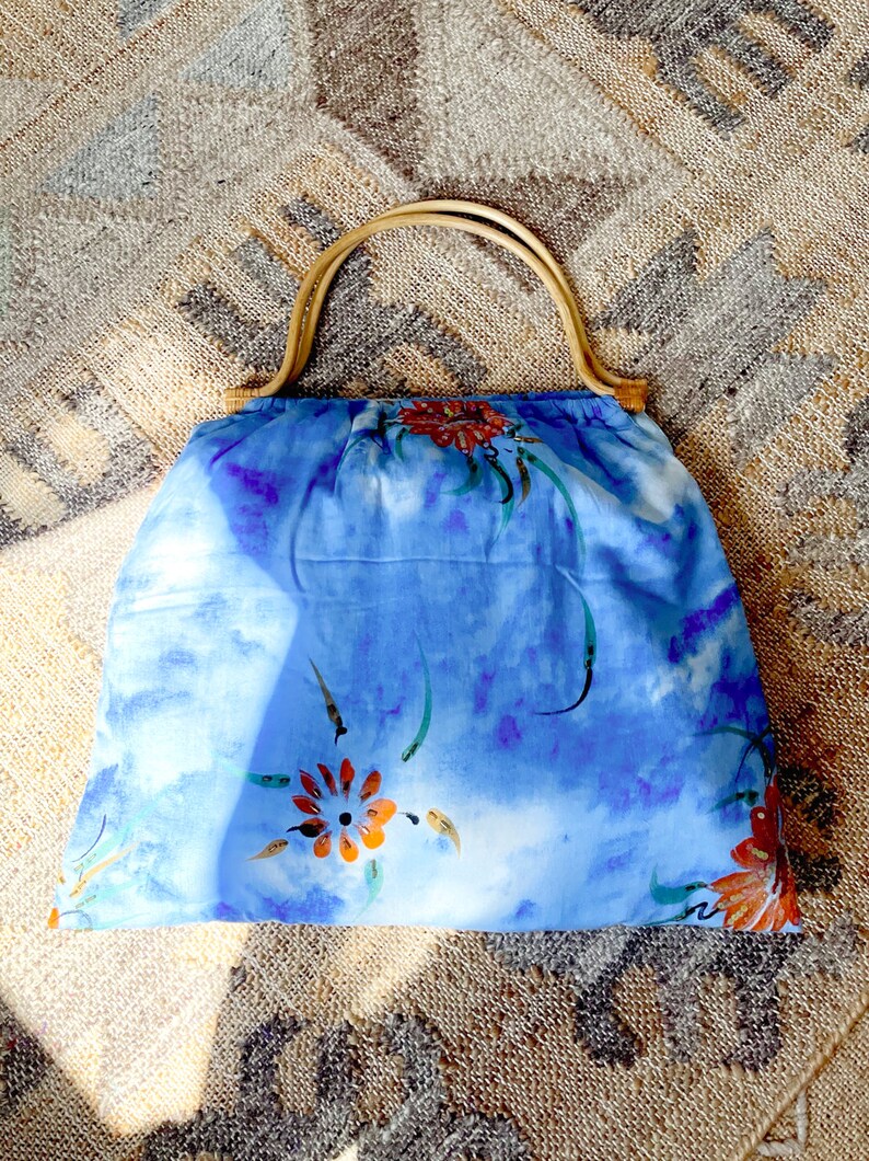 Vintage 80's Sky Blue Cloud Bamboo Handle Sequin Tote Beaded Slouchy Handmade Fabric Floral Bag image 4