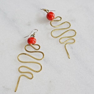 Vintage 70's Brass Squiggle Serpentine Abstract Snake Red Bead Dangle Golden Sculptural Earrings