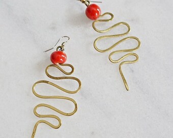 Vintage 70's Brass Squiggle Serpentine Abstract Snake Red Bead Dangle Golden Sculptural Earrings