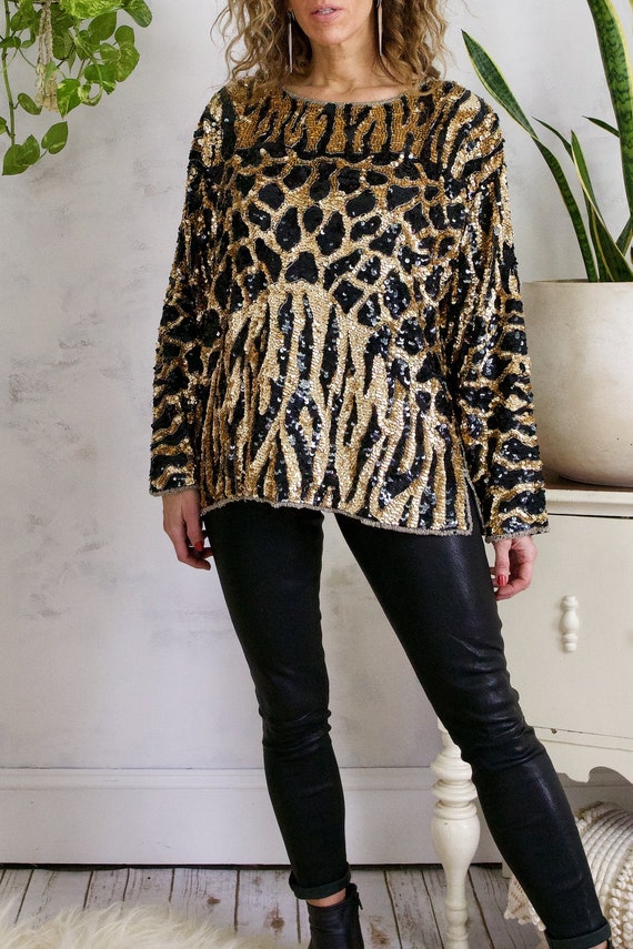 Vintage 80's Fierce Leopard Handmade Sparkling Seq