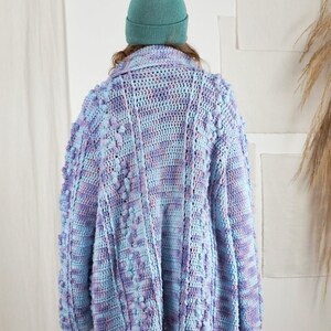 Vintage 80's Handknit Purple Pastel Crochet Textured Popcorn Stitch Cozy Cardigan Blue Sweater Coat image 7