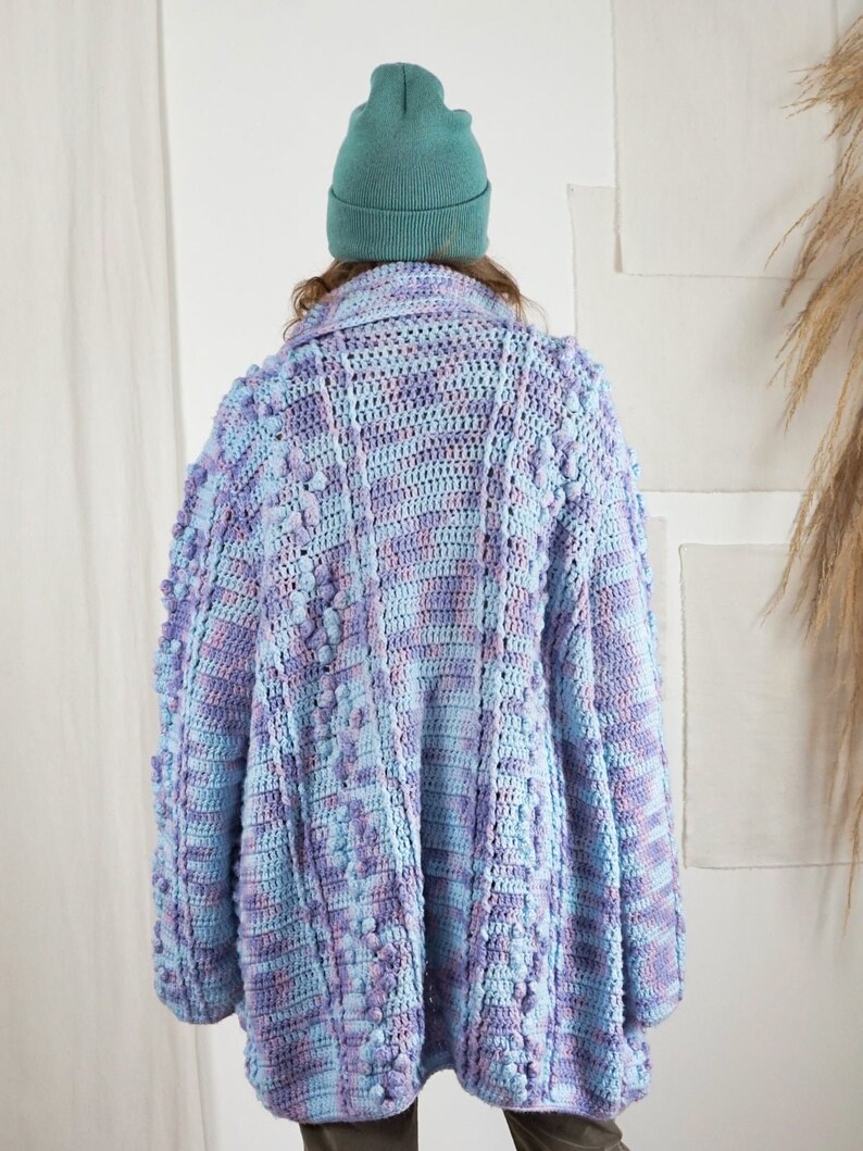 Vintage 80's Handknit Purple Pastel Crochet Textured Popcorn Stitch Cozy Cardigan Blue Sweater Coat image 7