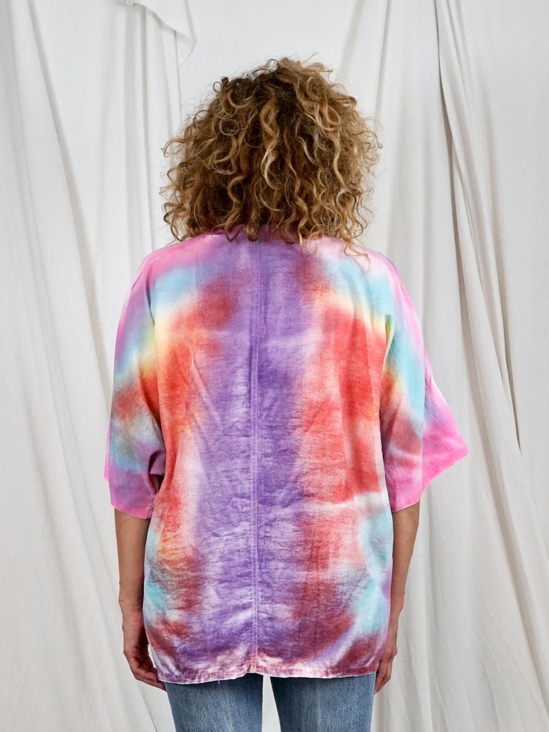 Vintage 80's Dreamy Pastel Sunset Slouchy Unique Tie Dye Blouse Short Sleeve Rainbow Top image 4