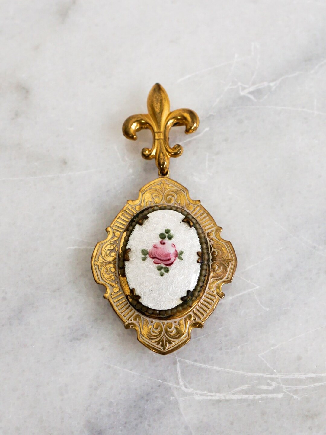 Vintage 40s Fleur De Lis Brooch: Painted Rose Guilloche Enamel Locket ...