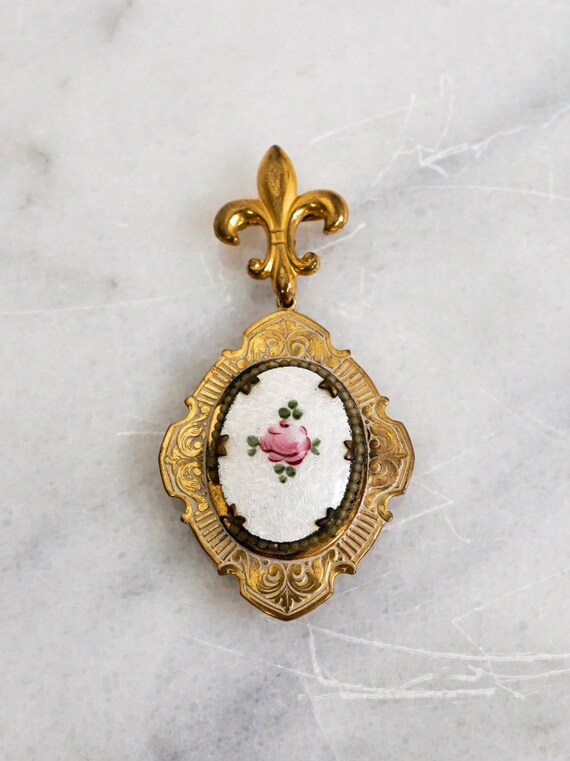 Vintage 40's Painted Rose Guilloche Fleur De Lis … - image 1