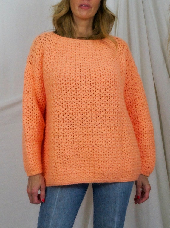 Vintage 80's Day-Glo Melon Handknit Crochet Handm… - image 3