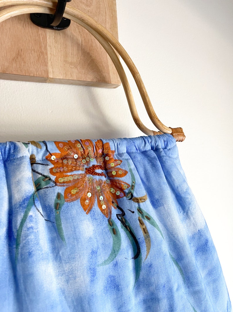 Vintage 80's Sky Blue Cloud Bamboo Handle Sequin Tote Beaded Slouchy Handmade Fabric Floral Bag image 2