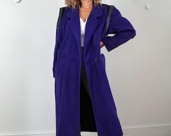 Vintage 80s Purple Wool Coat: Leather Shoulder Detail, Size S/M