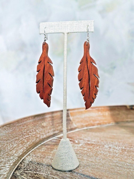Carved Wood Leaf Earrings