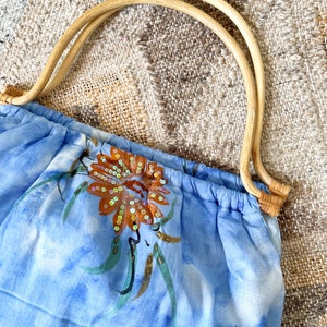 Vintage 80's Sky Blue Cloud Bamboo Handle Sequin Tote Beaded Slouchy Handmade Fabric Floral Bag image 5