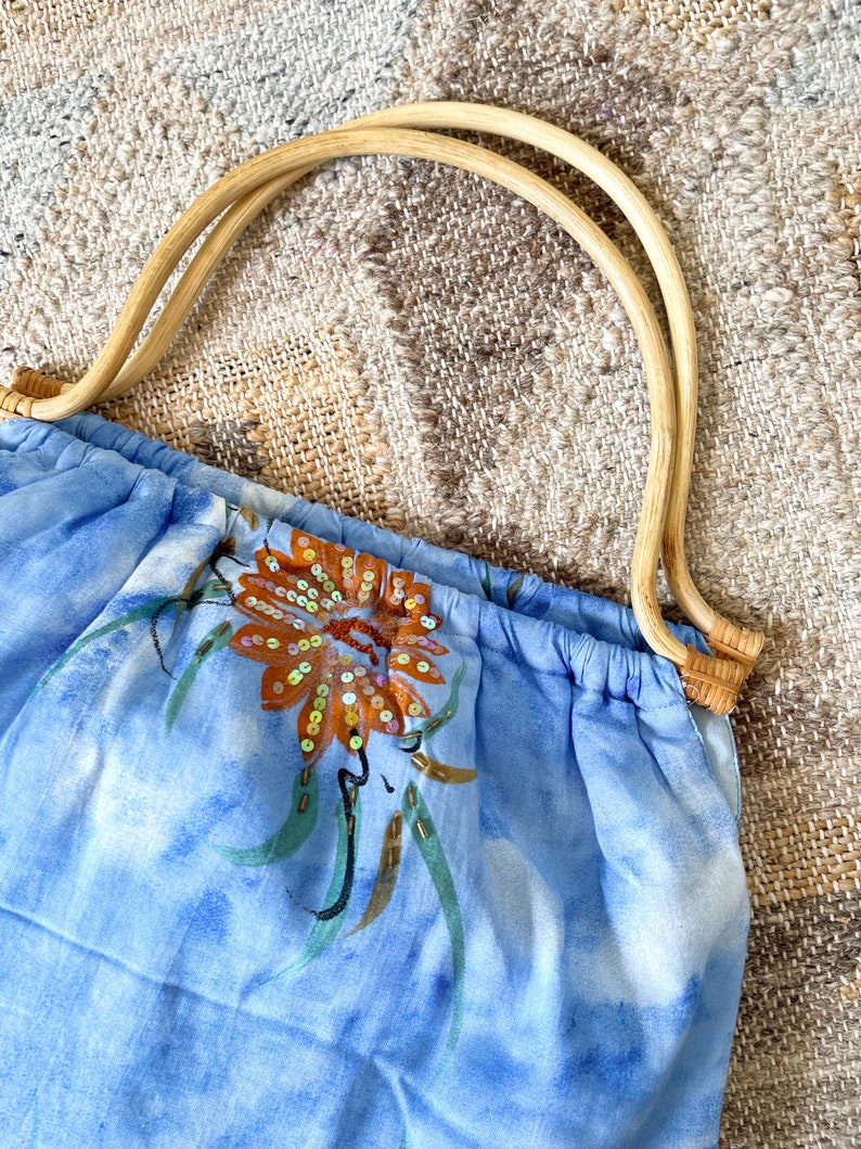 Vintage 80's Sky Blue Cloud Bamboo Handle Sequin Tote Beaded Slouchy Handmade Fabric Floral Bag image 5